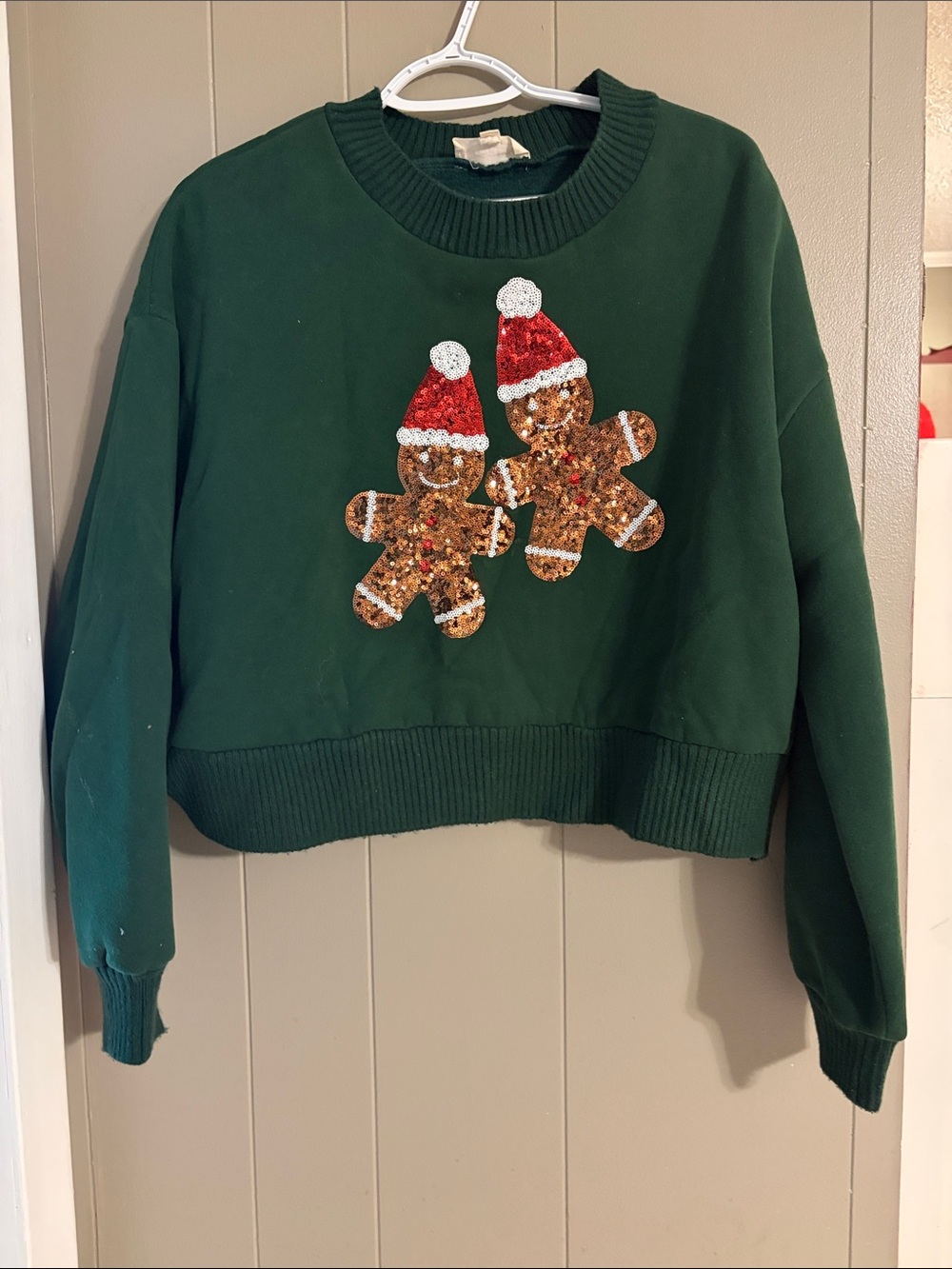 Peach Love California Green Crewneck Sweater with Sequin Gingerbread
